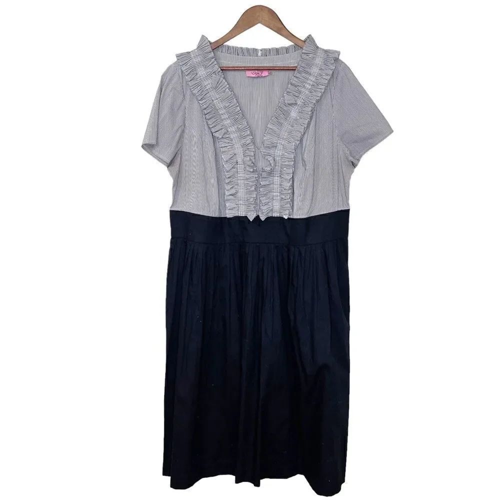 Eliza J. Striped Ruffle Front Pleated Cotton Blend Dress Size 18W